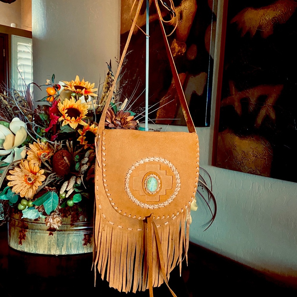Leather suede fringe shoulder bag